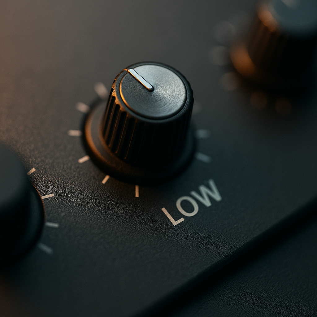 Gros plan sur le bouton LOW qui règle les basses sur une console de mixage DJ