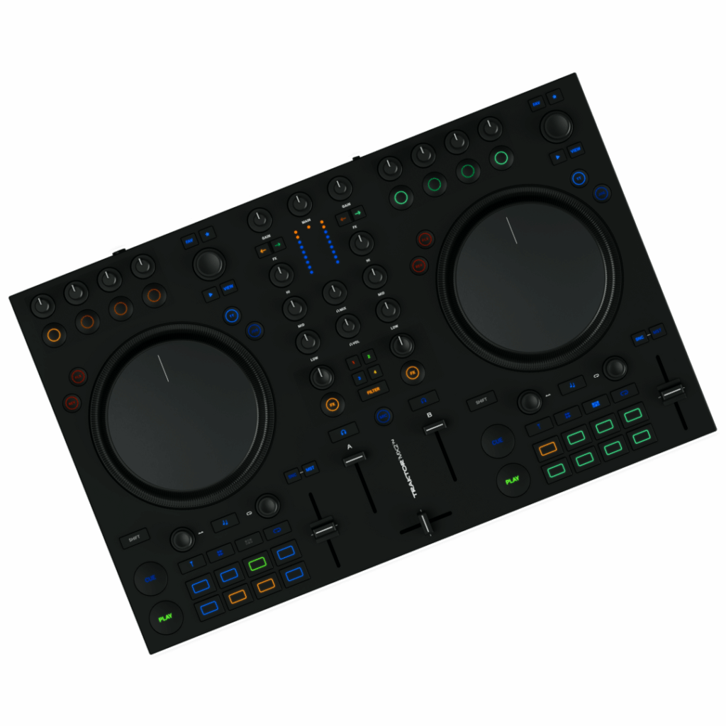 Contrôleur DJ Traktor MX2 de Native Instruments vu de dessus, avec deux jogs tactiles et des pads RGB pour mixer en bars et restaurants.