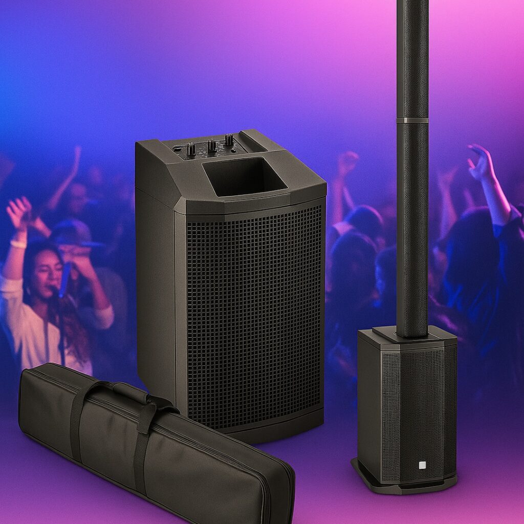 Système HK Audio POLAR 8 avec caisson, colonne et housse devant un fond de foule en concert