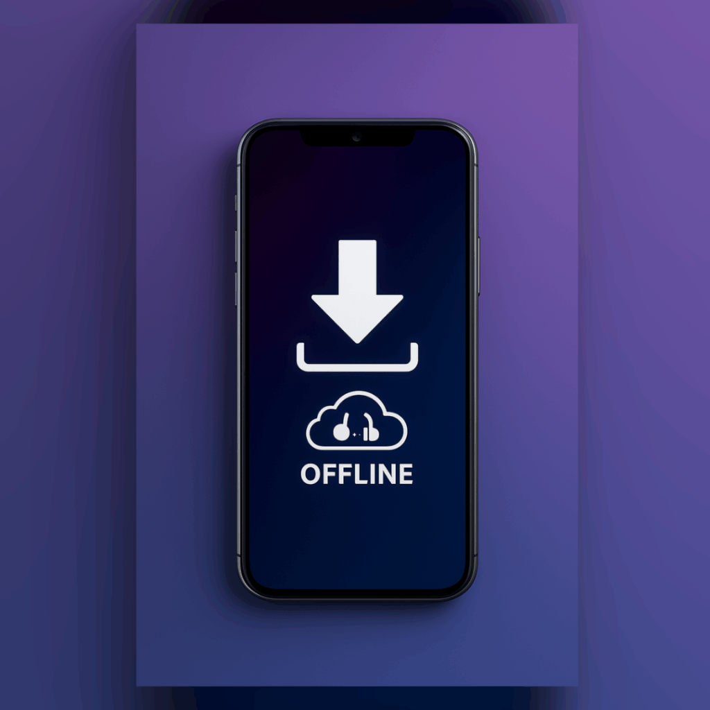 Smartphone affichant une flèche de téléchargement et le mot OFFLINE sur fond violet, illustration du streaming hors ligne et de la copie privée en France