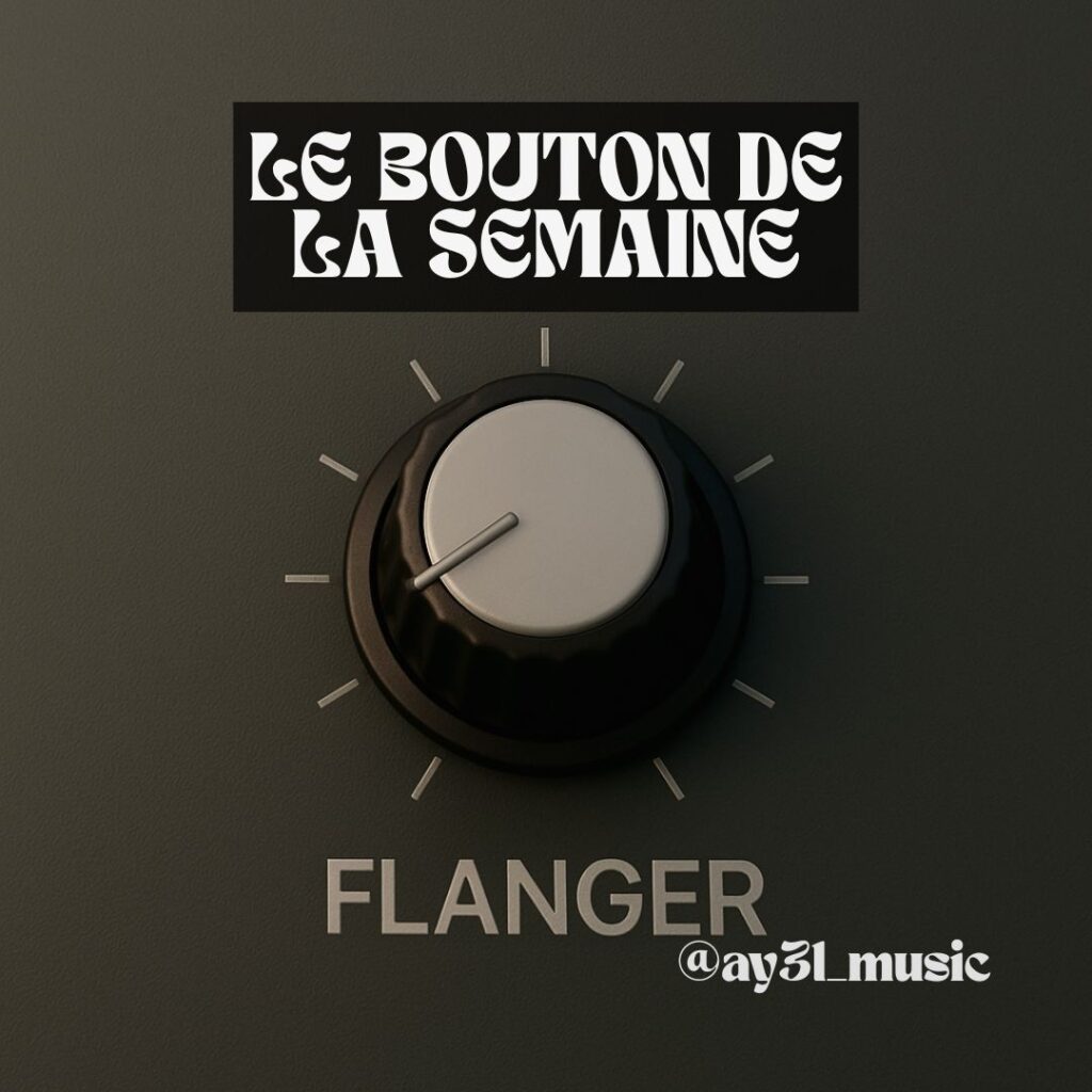 Gros plan d’un bouton d’effet Flanger sur table de mixage DJ, panneau gris sombre avec repères.