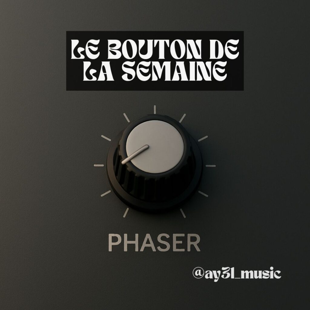 Gros plan d’un bouton d’effet Phaser sur une table de mixage DJ, panneau gris sombre avec repères.