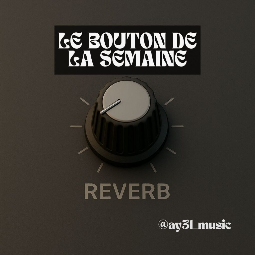 Gros plan d’un bouton d’effet Reverb sur une table de mixage DJ, panneau gris sombre avec repères.