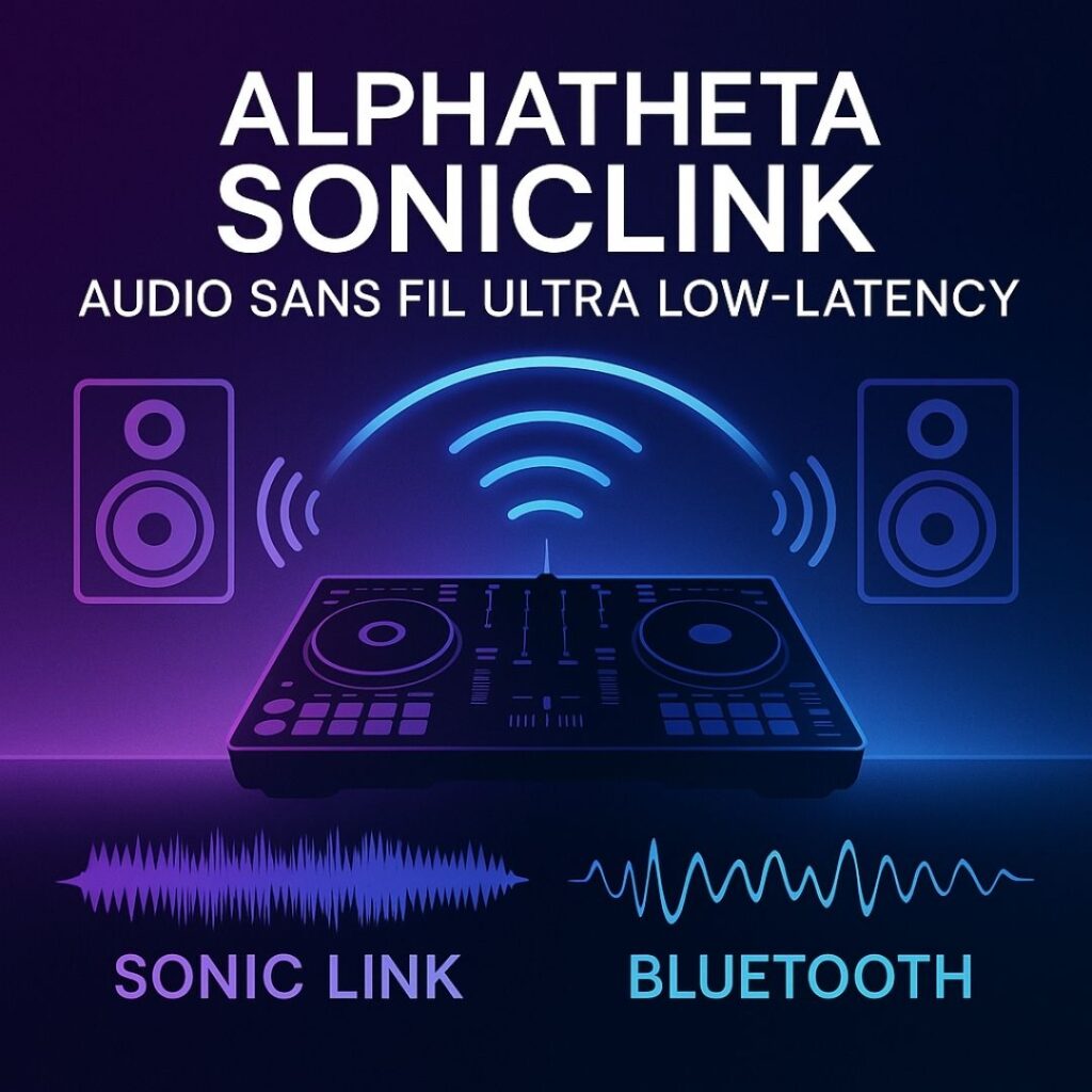 Visuel AlphaTheta SonicLink comparant l’audio sans fil SonicLink et Bluetooth pour un setup DJ.