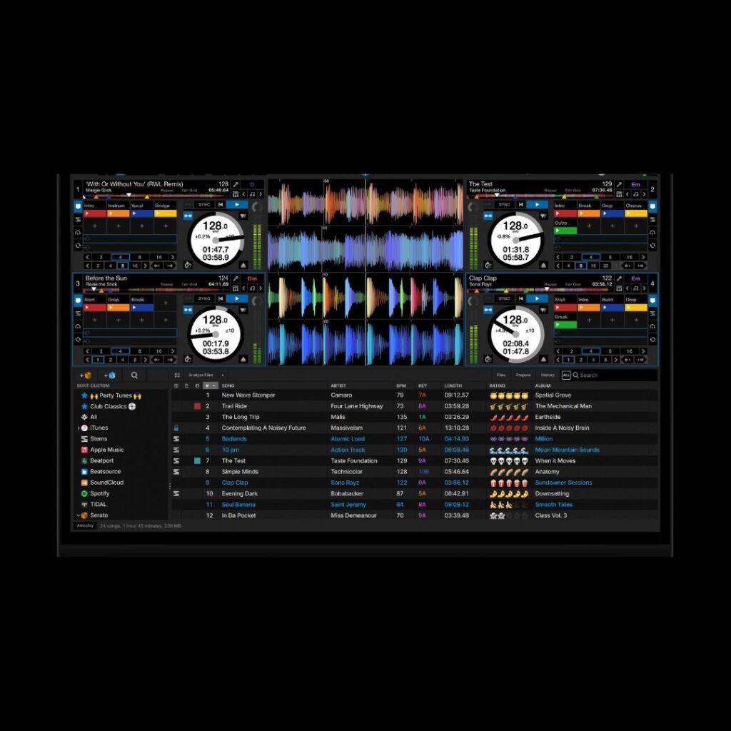 Capture d’écran de Serato DJ Pro 4.0 montrant l’interface 4 decks et la nouvelle bibliothèque avec listes de morceaux et formes d’onde.