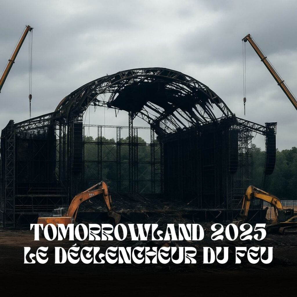 Structure métallique d’une grande scène de festival en cours de démontage après un incendie, avec grues et pelleteuses au premier plan.