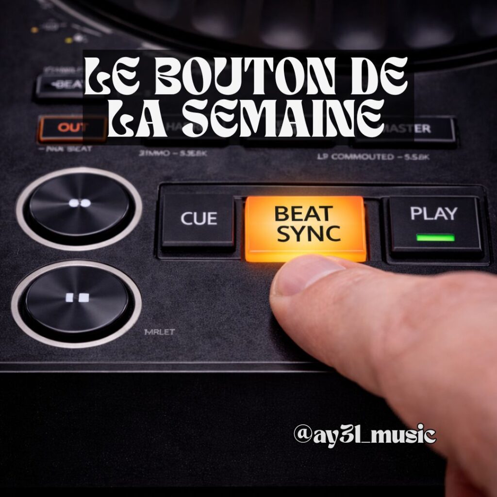 Gros plan sur le bouton BEAT SYNC d’un lecteur DJ activé pour synchroniser le tempo entre deux pistes.