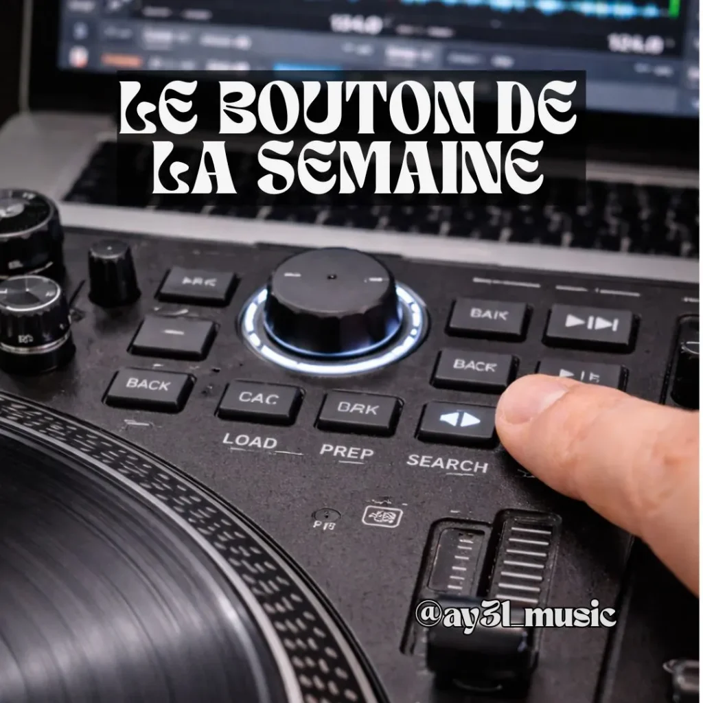Gros plan sur le bouton SEARCH d’un lecteur DJ utilisé pour rechercher rapidement un morceau pendant un set.