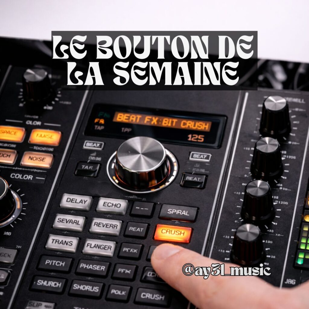 Gros plan sur le bouton CRUSH d’une table de mixage DJ utilisé pour ajouter un effet bitcrush et du grain au son.