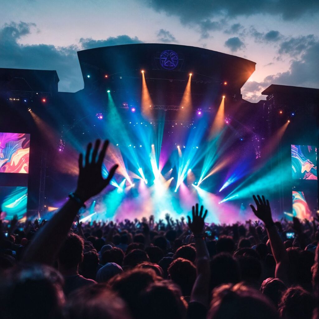 Foule dans un festival de musique électronique, mains levées devant une scène remplie de lumières colorées