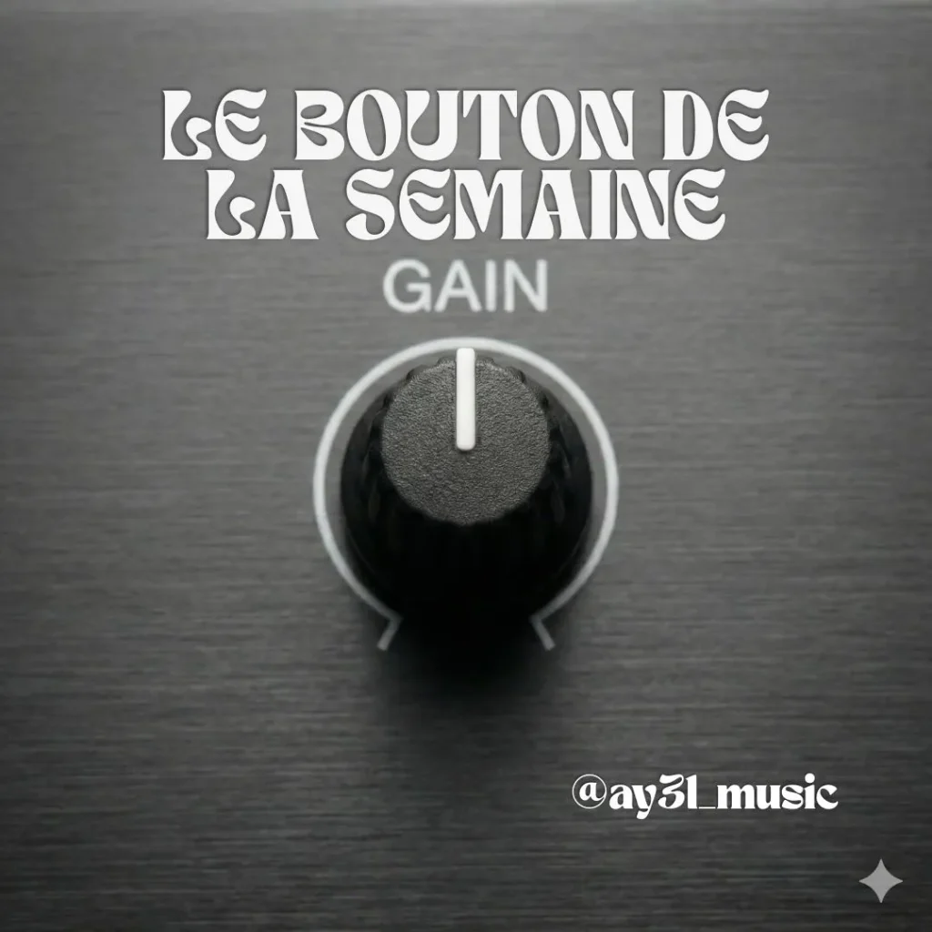 Gros plan sur un potentiomètre de gain noir de table de mixage sur fond en métal sombre, visuel de la série le bouton de la semaine par le DJ AY3L Music.