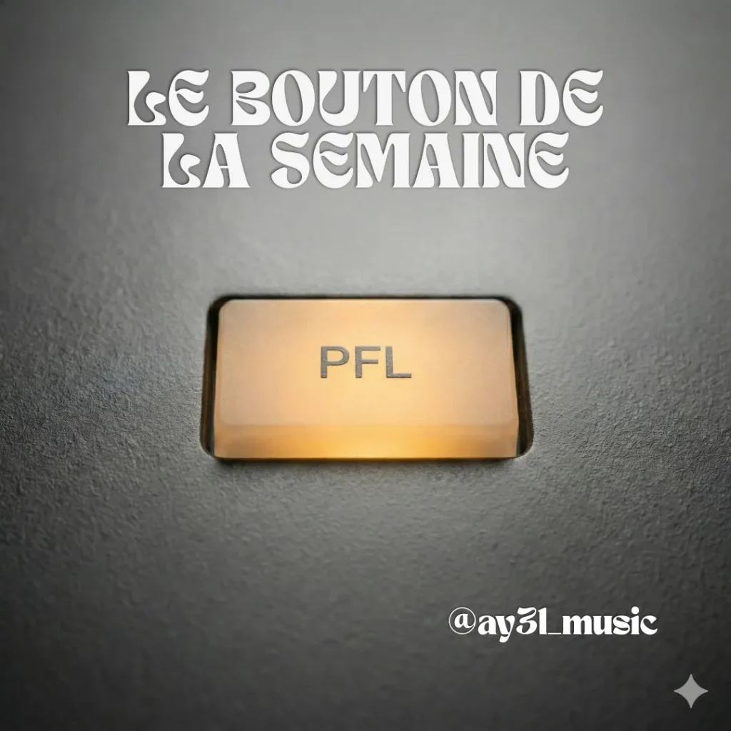 Gros plan sur un bouton PFL rectangulaire rétroéclairé en orange sur fond gris texturé, visuel de la série le bouton de la semaine par le DJ AY3L Music.