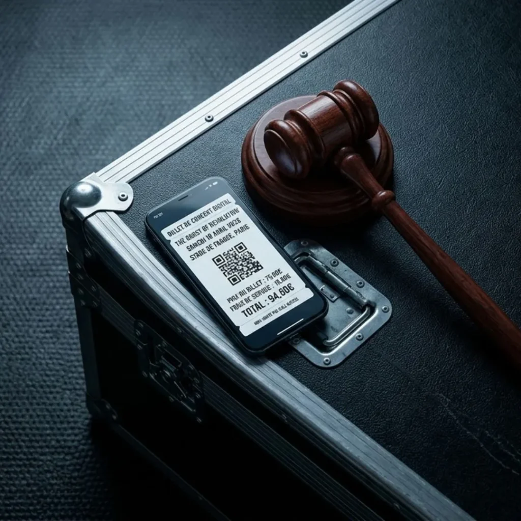 Marteau de juge en bois posé sur un flight case noir à côté d'un smartphone affichant un ticket de concert numérique.