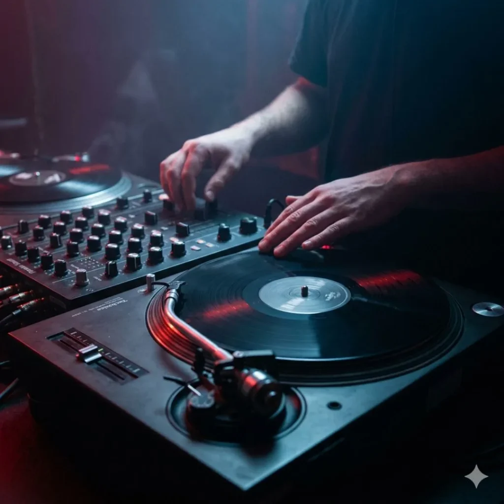 Mains de DJ manipulant une table de mixage rotative Isoneo et une platine vinyle Technics.