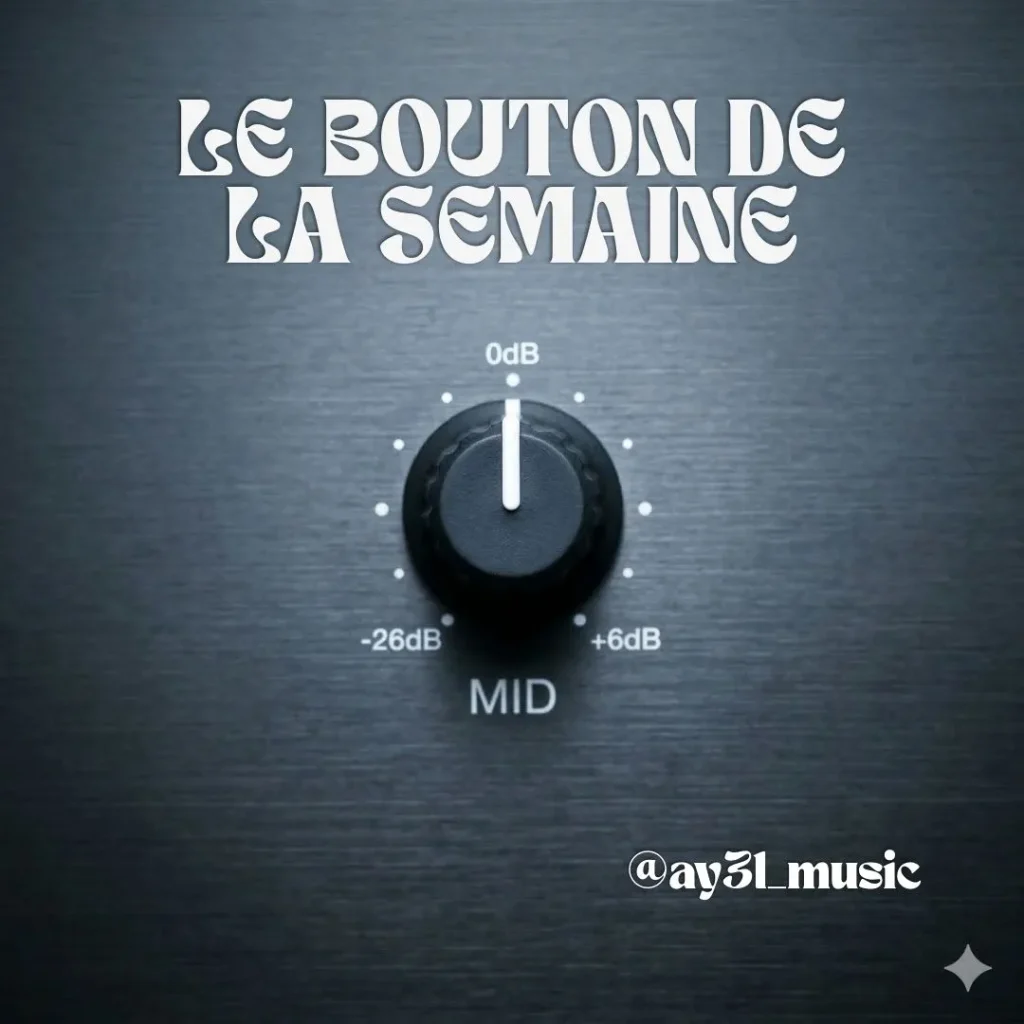 Gros plan technique du bouton rotatif MID EQ, finition métal brossé noir, éclairage minimaliste ambre, style pro AY3L.