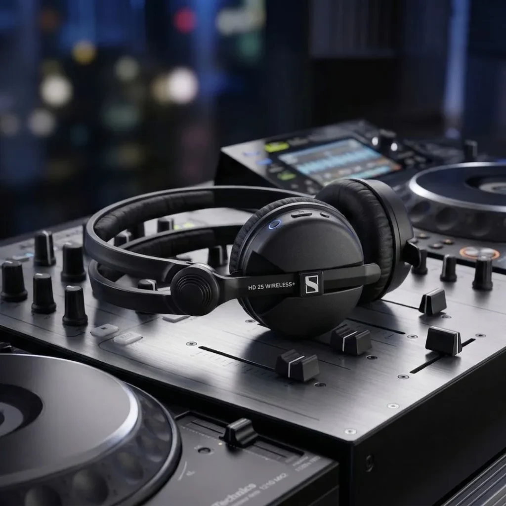 Casque concept Sennheiser HD 25 Wireless+ posé sur une console de mixage professionnelle.